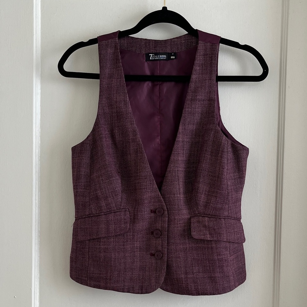 Y2K Style Fitted Purple Herringbone Button Front Vest with Pockets Adjustable